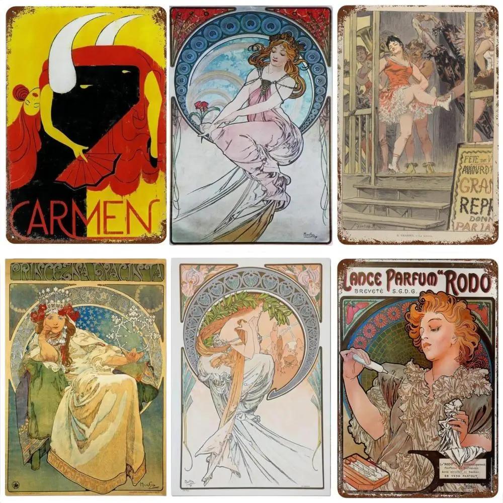 Alphonse Mucha Affisch Pinup-flickor Metallplåtskylt Konst Målning Dekorativa Väggplåtar För Bar Café Vardagsrum Hem Väggdekor