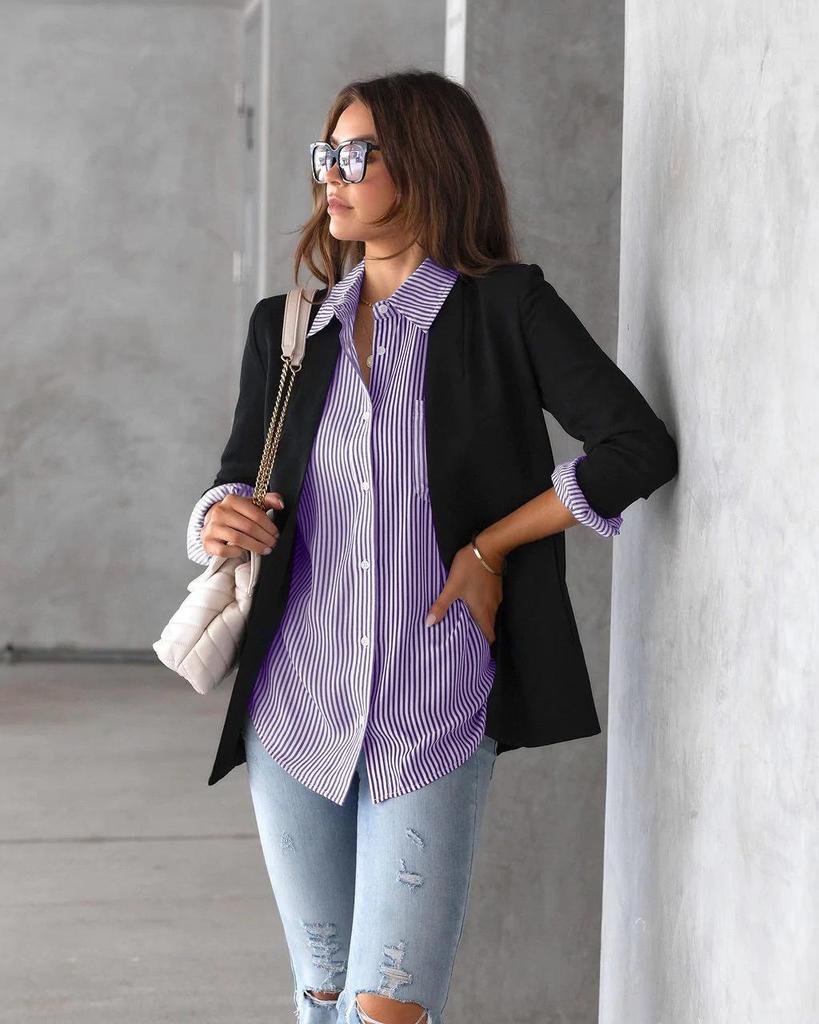 European and American Women's Spring 2025 Striped Long Sleeve Loose Cardigan Top