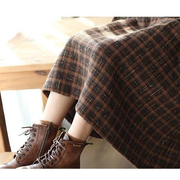 Spring Autumn Vintage Plaid Midi Skirts Women Baggy High Waist A-line Thicker French Style Pockets Mujer Bottoms Fashion Elegant