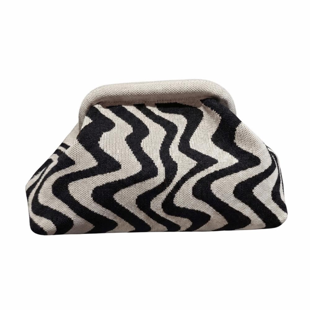 Vintage Knitted Coin Purse Geometric Striped Large Capacity Evening Bag Polyester Wavy Pattern Hand-holding Dumpling Bag Beach