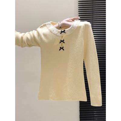 Beaded Lace Inner Top Autumn and Winter New Bow Long-sleeved Sweater Knitted Bottoming Shirt