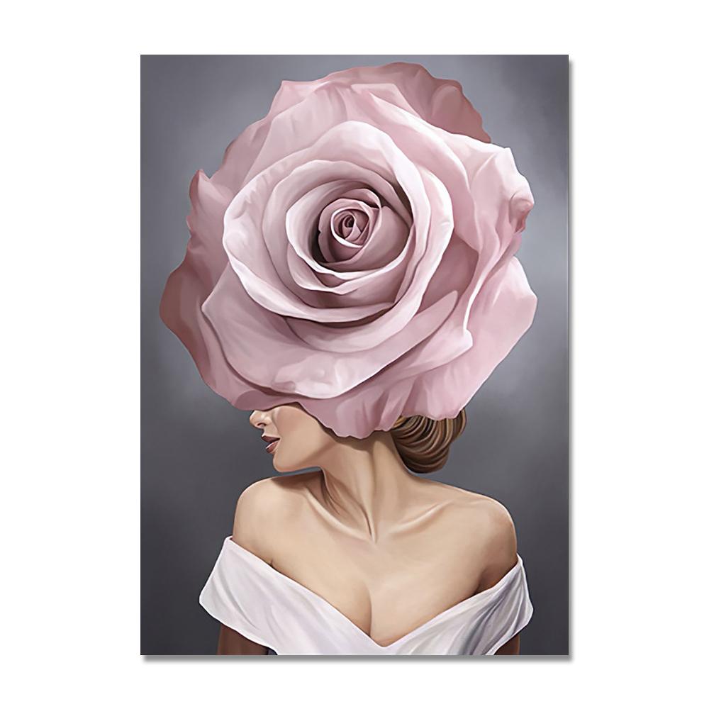 Nordic Home Decorative Poster Women with Rose Flowers Head Wall Art Canvas Painting Modern Interior Living Room Decor No Frame