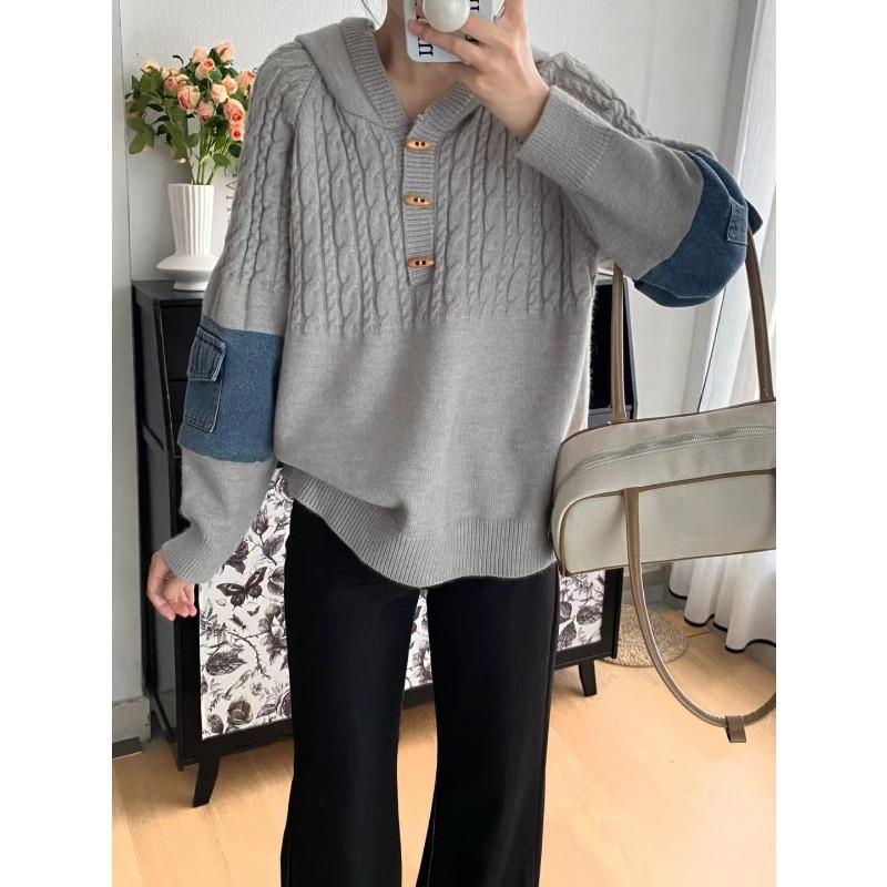 Retro hooded twist splicing denim knitted sweater top autumn new loose design sweater pullover woman
