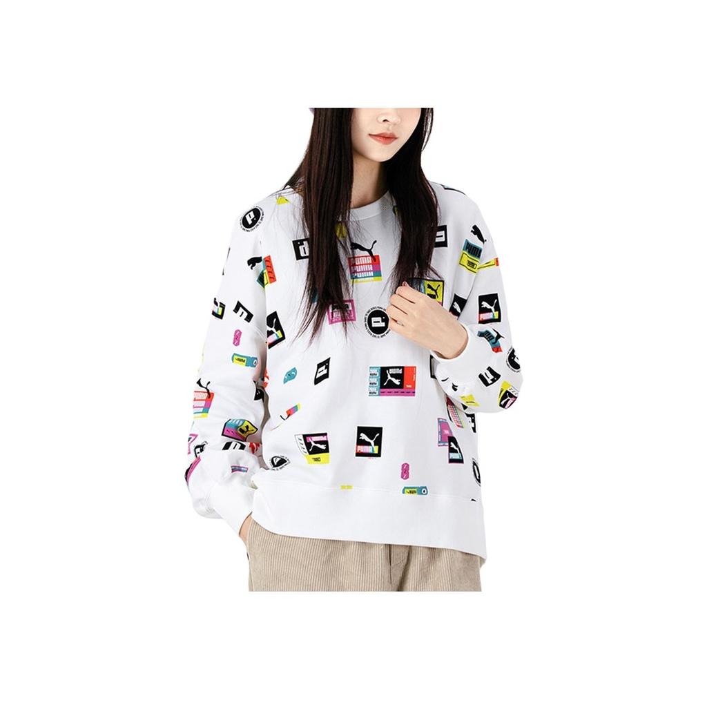 Puma All-Over Logo Print Loose Crew Neck Sweatshirt Women Tops White 535348-02