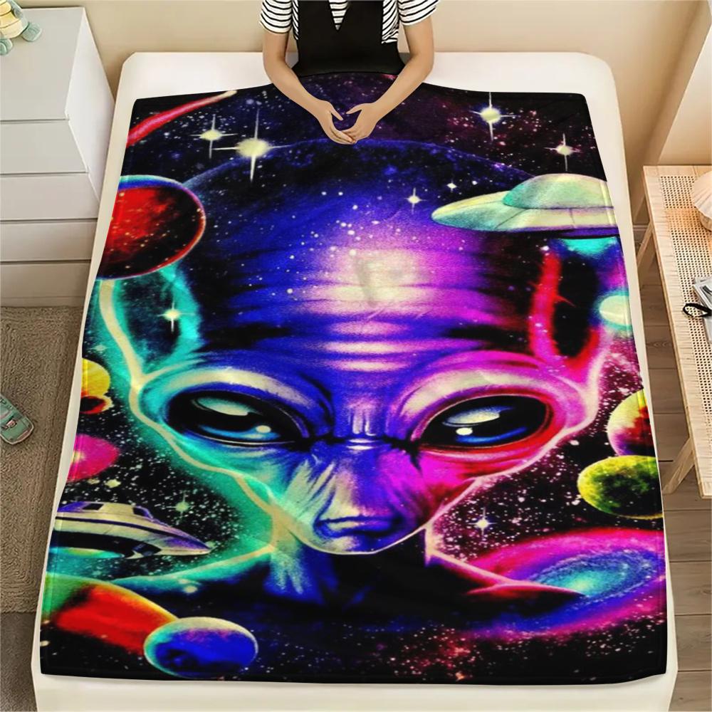 1 szt. Koc flanelowy z nadrukiem UFO i kosmitów, Wysokiej jakości, Wygodny na wszystkie pory roku, Wystrój domu, Ciepło i komfort, Idealny na prezenty