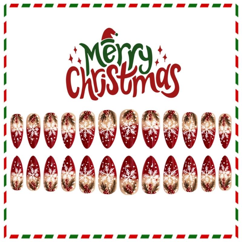 24 STÜCKE Mandelform Falsche Nägel Schneeflocke Rot Aufdrücknägel Langlebig Ungiftig Einfache Anwendung Für Empfindliche Haut