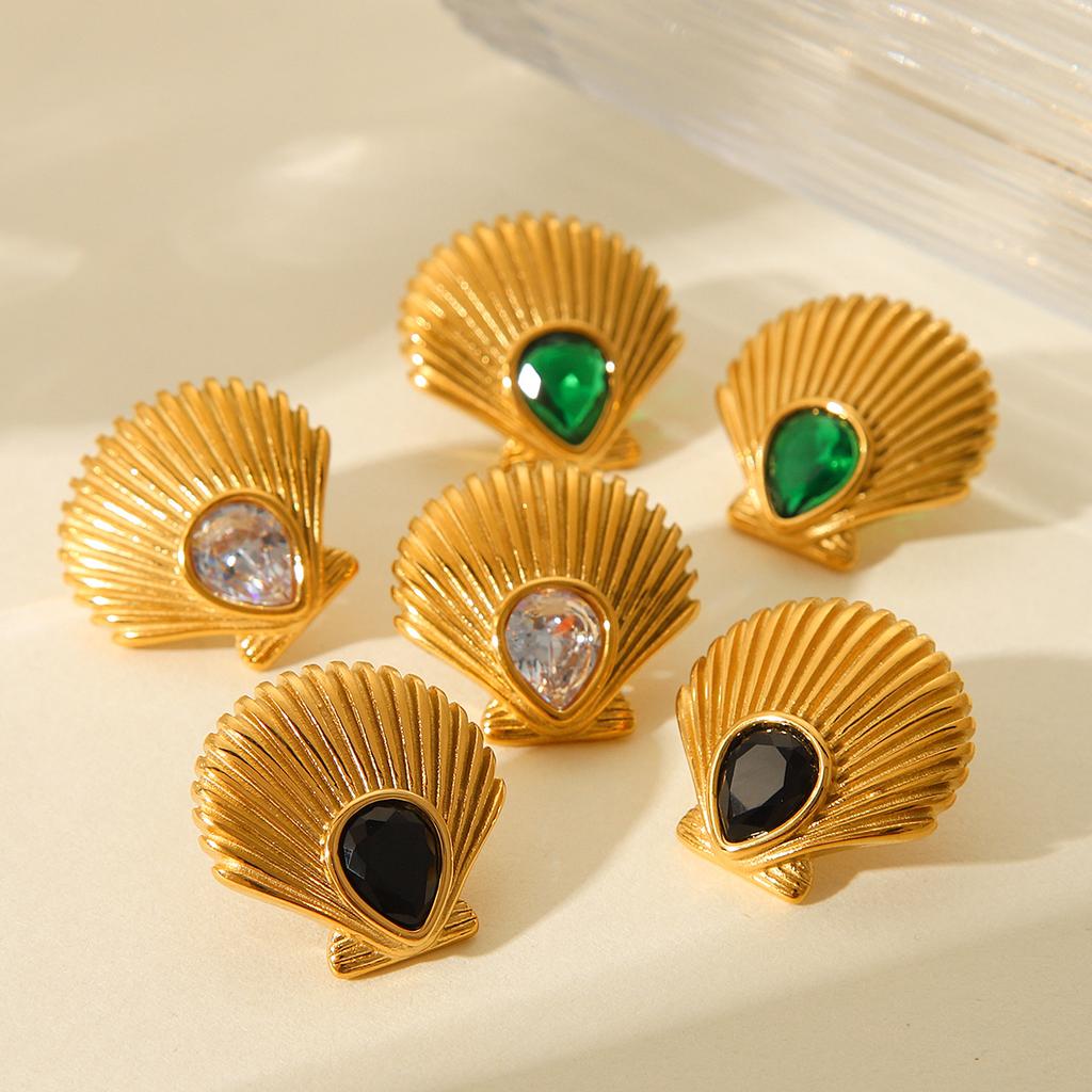 18K Gold Stainless Steel Scallop Zircon Earrings for Women, Light Luxury Versatile Studs, Ocean Titanium Steel Ear Jewelry