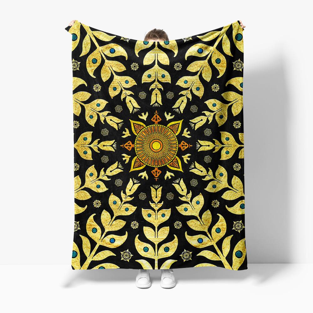 

Mustard Yellow Floral Pattern Fleece Blanket Geometric Mandala Throw Blanket Home Decor Sofa Bed Living Room Gift 75x100cm (30x40inch)