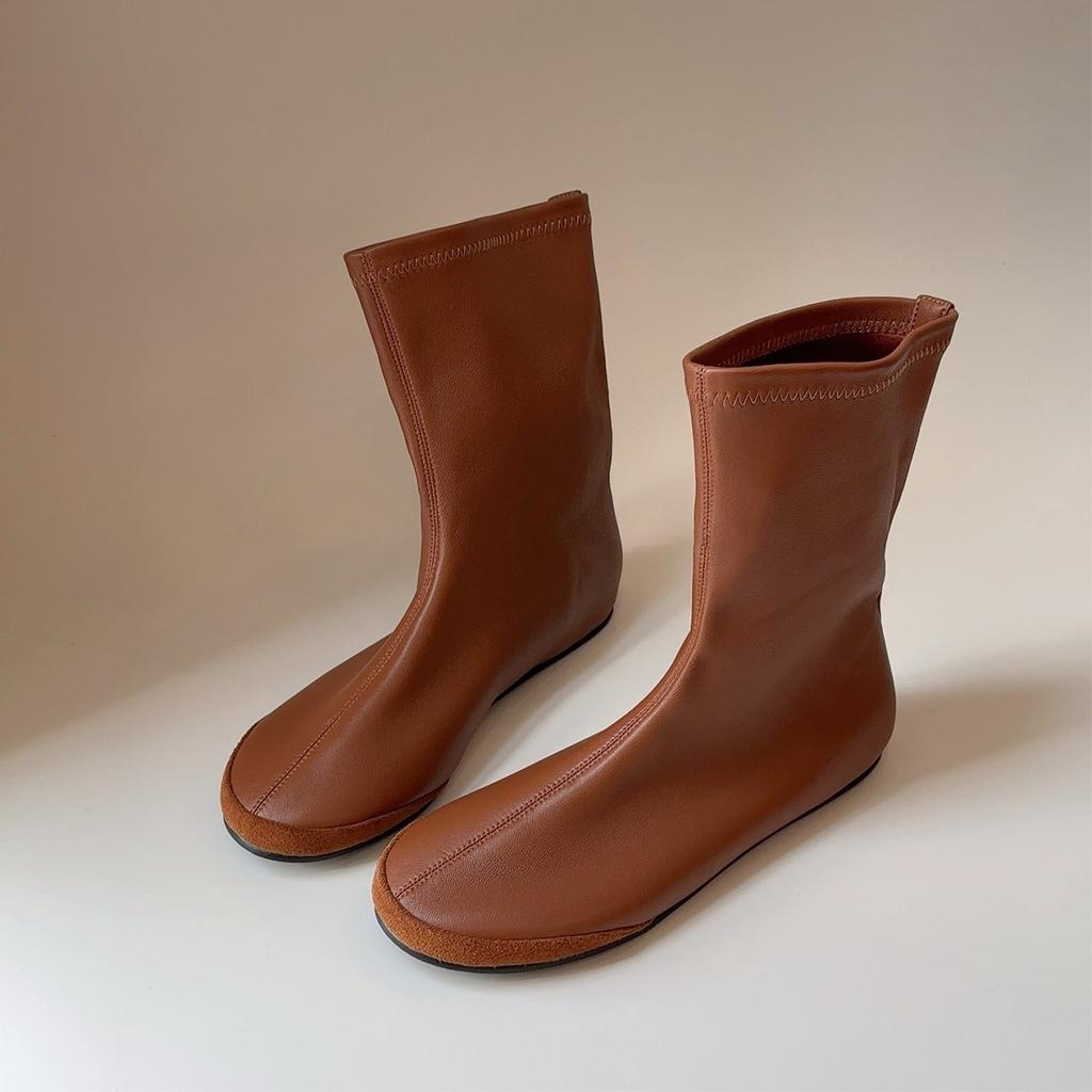 Sheepskin Version Round Head Retro Simple Thin Boots Flat Short Boots Thin Boots Elastic Boots Women's Versatile Commuter Socks Boots