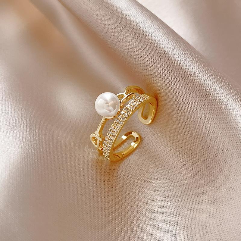 Retro Silver Bow Love Flower Pearl Open Ring Simple Index Finger Ring Versatile Jewelry Women