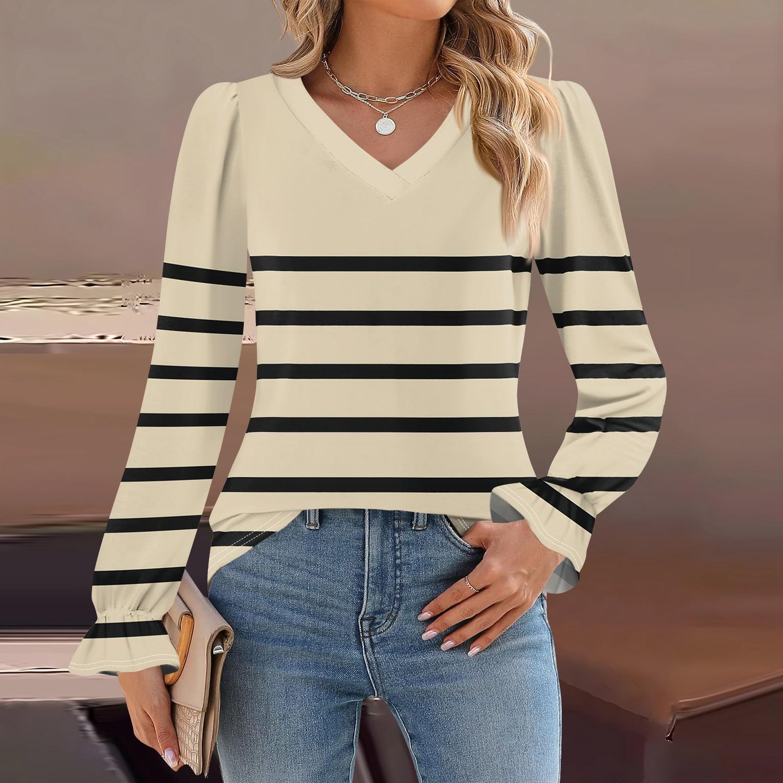 

Женский повседневный топ с длинными рукавами и полосатым принтом, с v-образным вырезом L бежевый