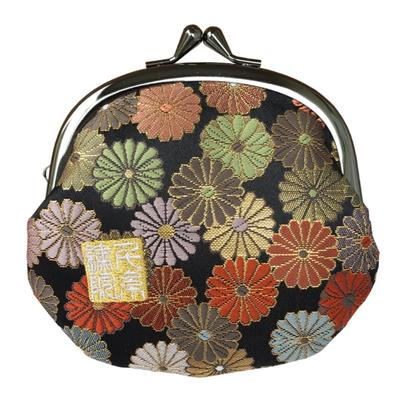Senshishuin Nishijin Brokatverschluss Runde Geldbörse Chrysantheme in voller Blüte 3,5-Zoll Geldbörse/Münzbeutel (Gefüttert) (Schwarze Blüte)