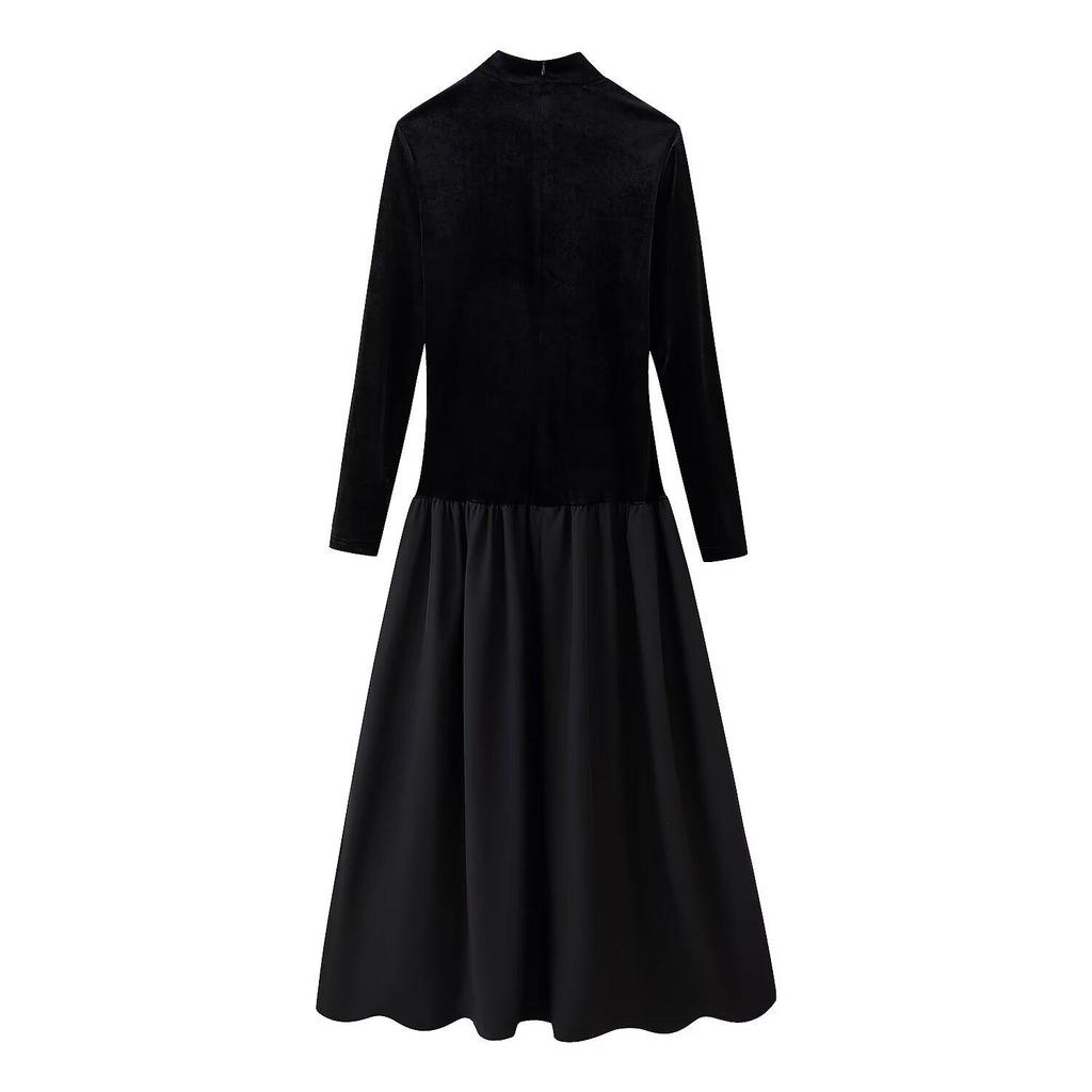 2025 Spring Women's European-American Velvet Patchwork Slimming Long Sleeve Dress