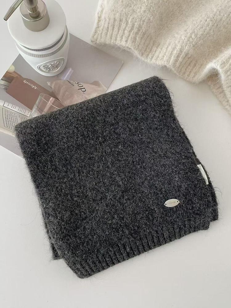 Women Winter Warm Japanese and Korean Versatile Couple Narrow Knitted Neck Solid Color Soft Sticky Rabbit Velvet Blended Scarf