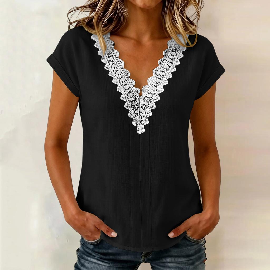 Women's V-Neck Lace Trim Pullover T-Shirt, Short Sleeve Casual Blouse for Daily Wear