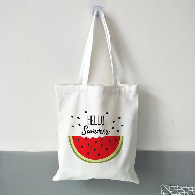 New Women's Casual Canvas Shopping Bag Hello Summer Watermelon Print Eco Tote Travel Bag Lady Handbag Reusable Large Capacity