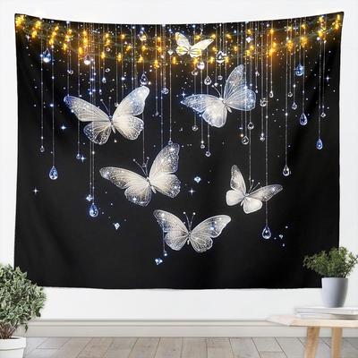 Butterfly Tapestry Glitter Diamonds Print Wall Art Luxury Elegant Blue Wall Hanging Blanket for Living Room Bedroom Home Decor