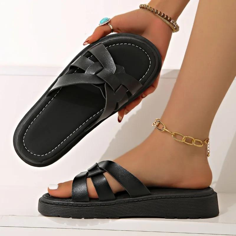 Fashion 2025 Summer New Women's Outdoor Platform Slippers Weave Plus Size Casual Sandals Comfortable Beach Daily Concise Solid Slippers
