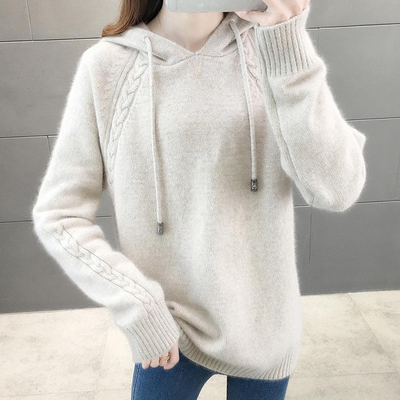 Hooded Sweater Women's Autumn and Winter Long Sleeved Knitted Sweater Loose and Lazy Style Hoodie Top Rest Pullover