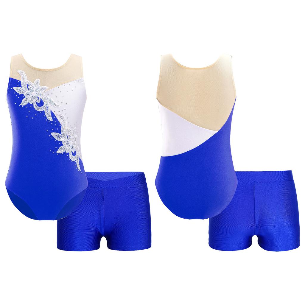 2 Stücke Kinder Mädchen Ärmellose Patchwork Stil Gymnastik Trikots Ballett Tanz Body Unitards mit Shorts