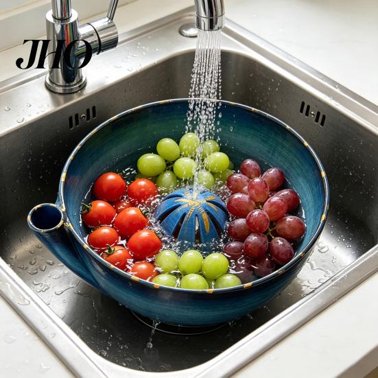 Jam Bowl Ceramic Fruit Cleaner Berry with Drainage Holes Rinse Rinsing Rustic Style Wash Basket for Kitchen Countertop
