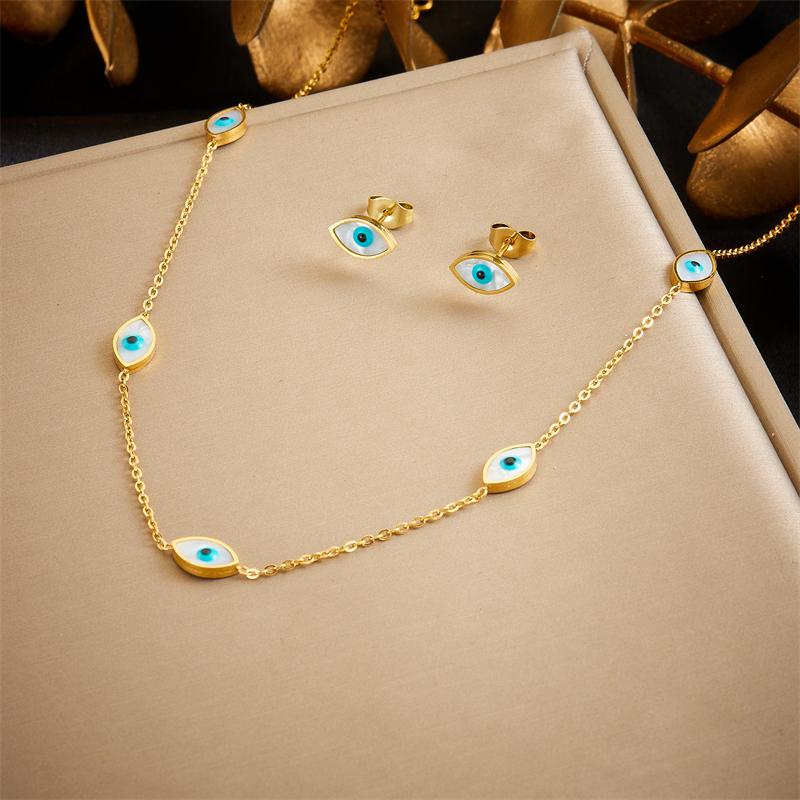 DIEYURO 316L Stainless Steel Tree of Life Turquoise Golden Necklace Earrings For Womens New Party Gift Fashion Jewelry Set