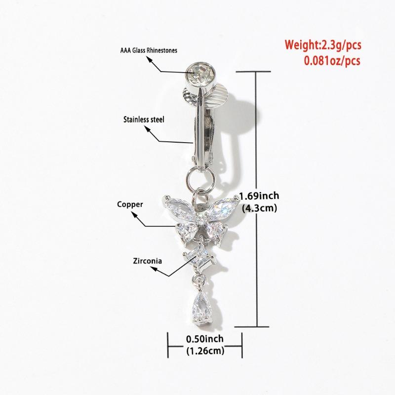 1pc Clip On Butterfly Belly Button Ring for Women, Copper Zircon Fake Belly Piercing Navel Body Jewelry Trendy Fashion Style