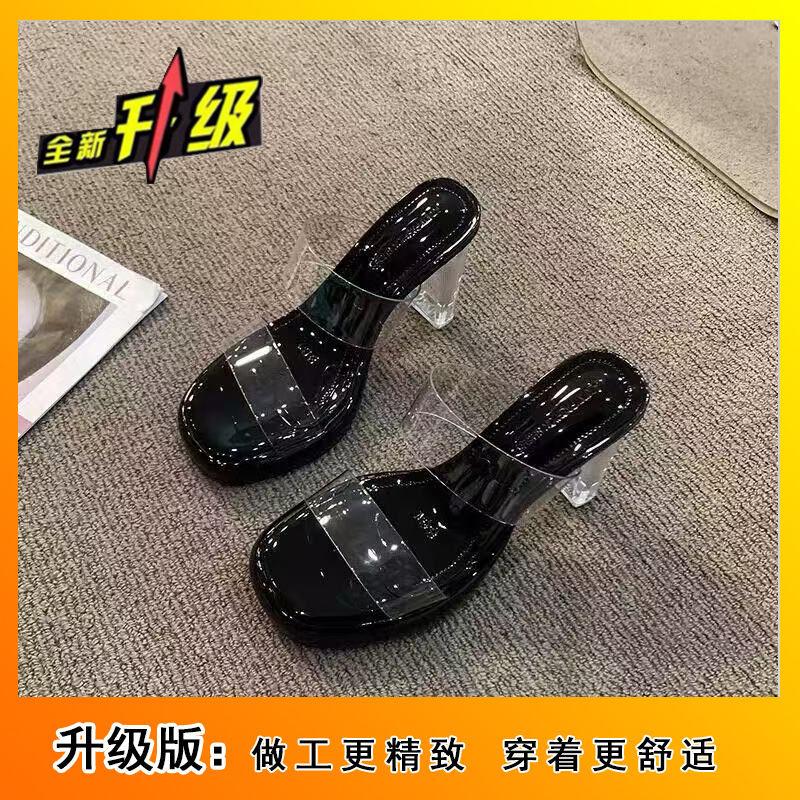 

Temperament fairy transparent belt high heels French heightening crystal slippers female summer outer wear one-word slippers 2025 new 35
