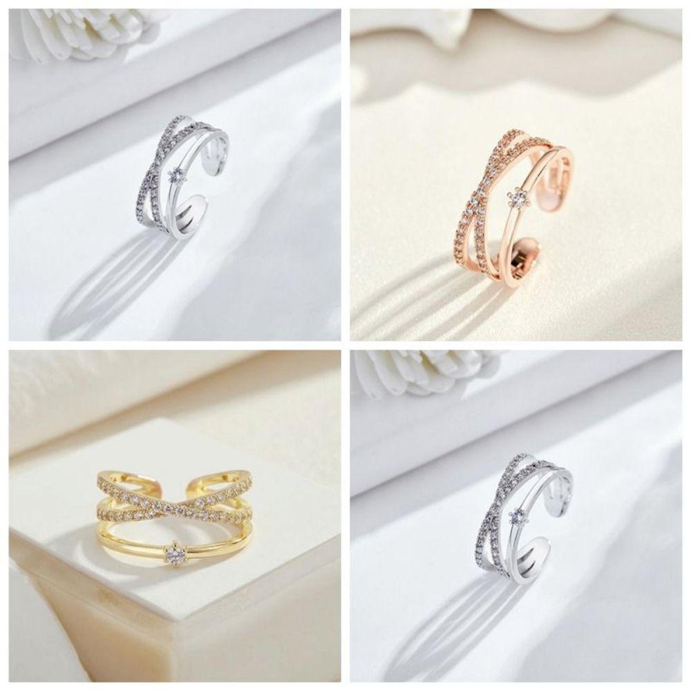 Elegant Zircon Crossed Rings Luxury Plain Ring Exquisite Crystal Finger Rings  For Girls