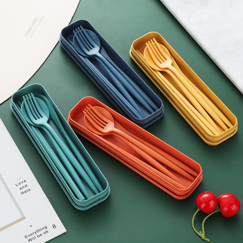 Portable Wheat Straw Cutlery Set: Knife, Fork, Spoon, Chopsticks, and Storage Box for Outdoor Travel