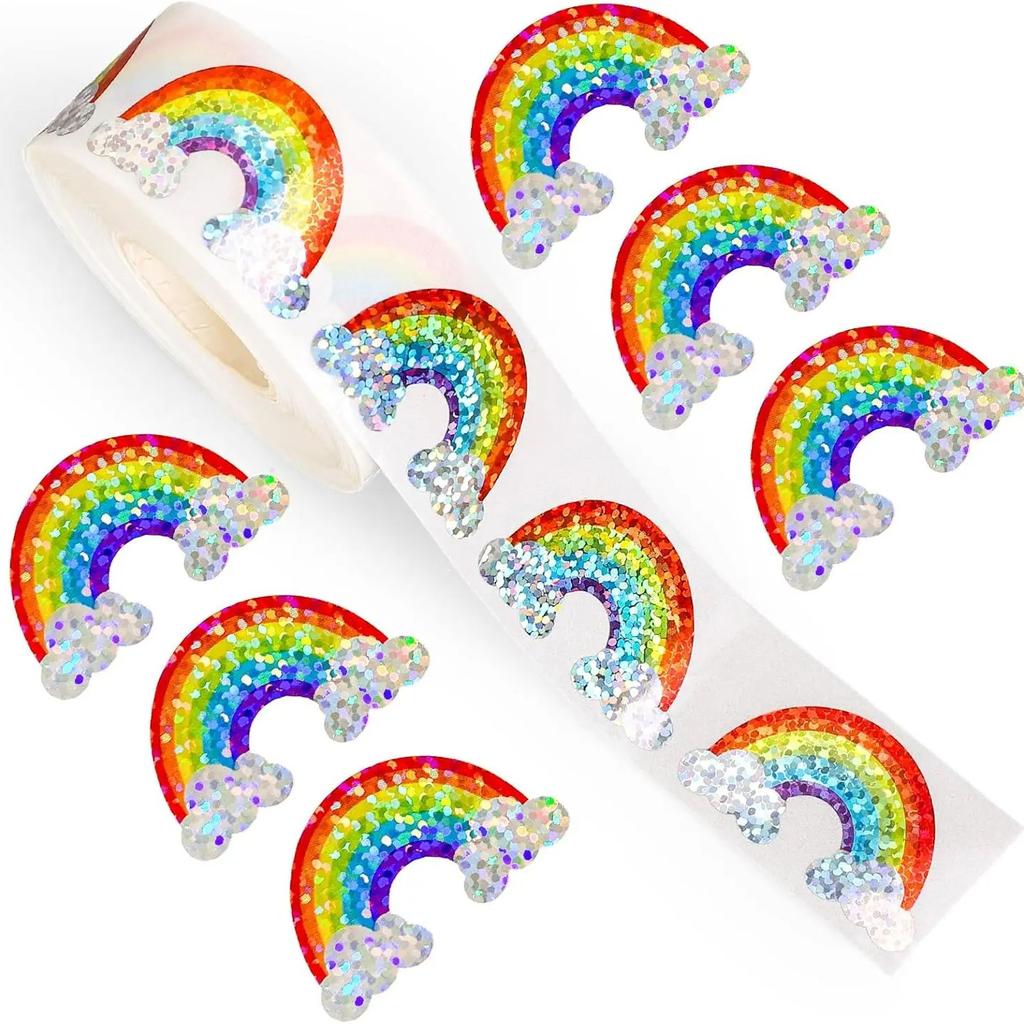 500 Pcs Rainbow Stickers Roll Laser Colored Rainbow Shape Seal Stickers Waterproof Self-Adhesive Decals For Envelope