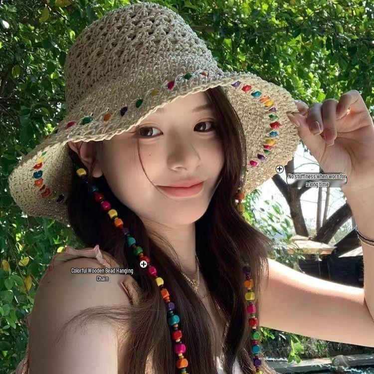 Women's Ethnic Wide Brim Straw Hat - Sun Protection Beach Hat for a Slimmer Look