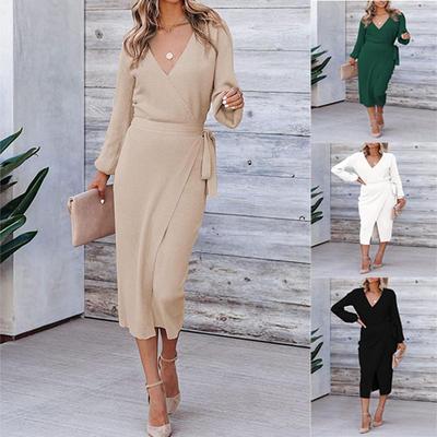 Elegant European & American V-Neck Long Knit Dress for Fall/Winter 2024
