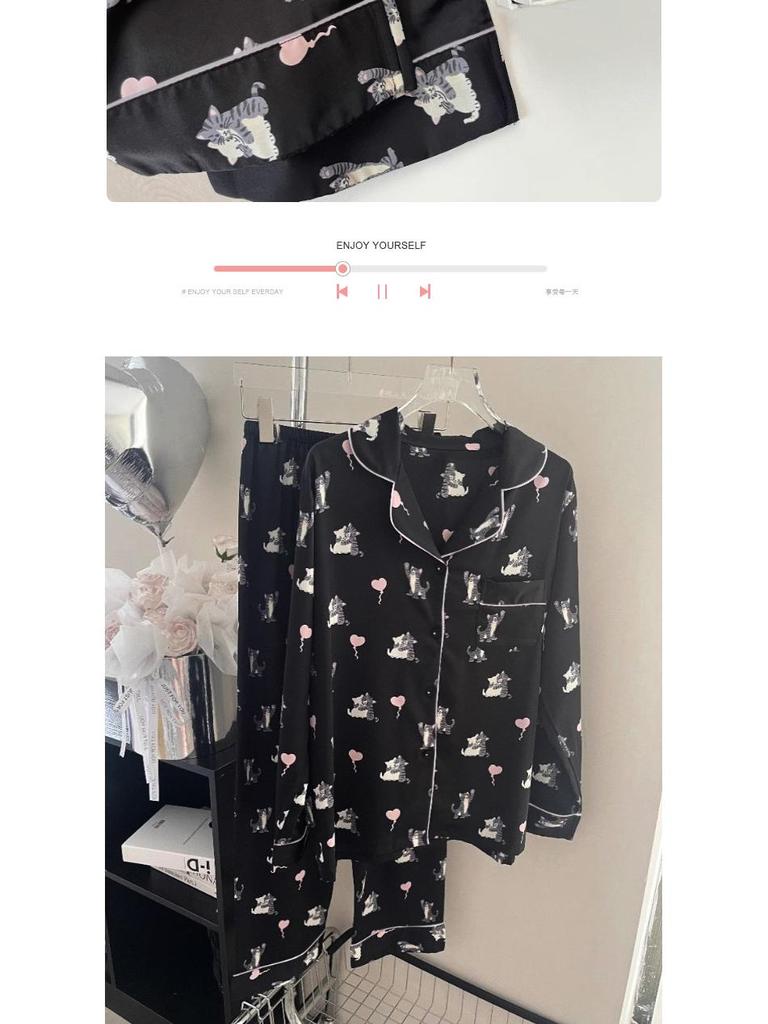 Women's Ice Silk Long-Sleeved Pajamas - Heart Balloon Design, Spring/Summer, Thin Style for Dormitory or Home Wear.