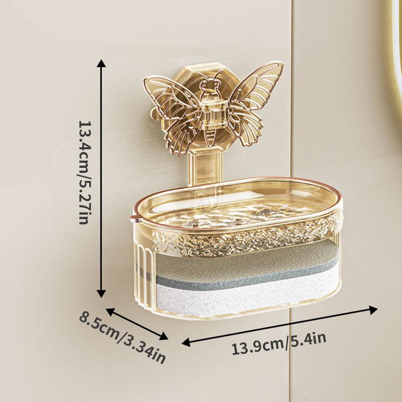 Seifenhalter mit Saugnapf und Schmetterlingsdesign, Doppellagige Seifenschale mit Schwamm und Abfluss, Bohrfreies Seifenregal