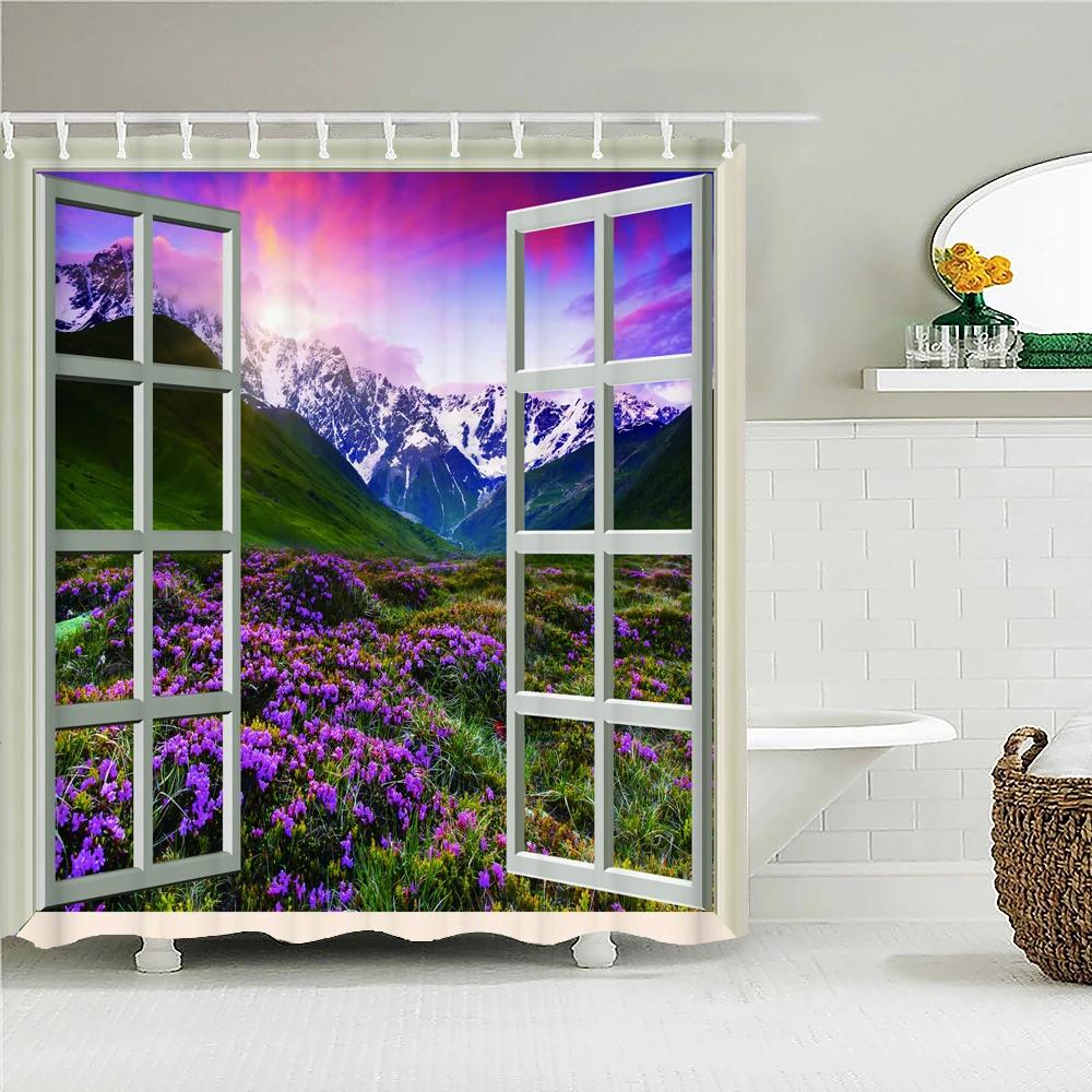 Bath Curtain 3d Printing Window Scenery Forest Shower Curtains 180*200cm Waterproof Bathroom Curtain Washable Fabric With Hooks