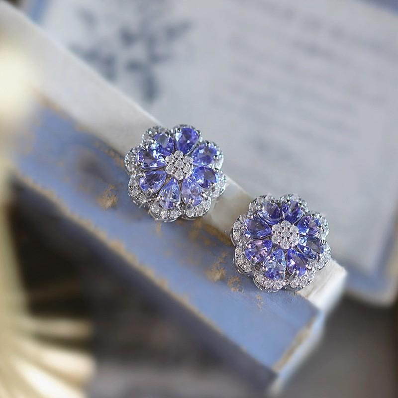 Sterling Tanzanite Flower Stud Earrings Women Hypoallergenic Daily Wear Elegant Minimalist Jewelry
