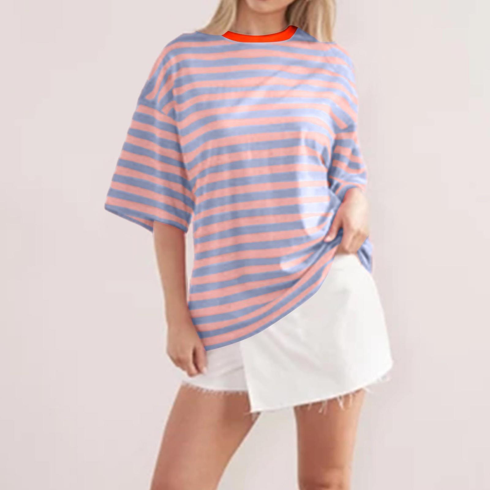 

Женские полосатые футболки с короткими рукавами большого размера, базовая рубашка с круглым вырезом и цветными блоками, повседневные летние футболки L розовый