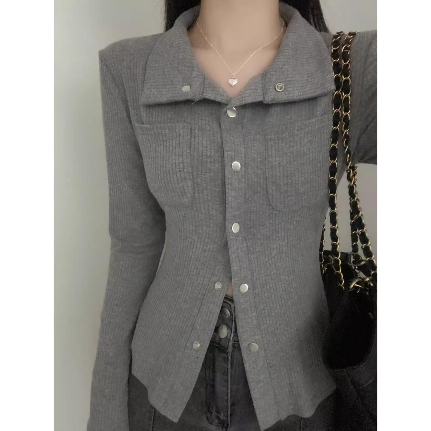 

Simple commute 2025 spring and autumn new hot girl gray polo collar long-sleeved shirt T-shirt women isn XL сірий колір