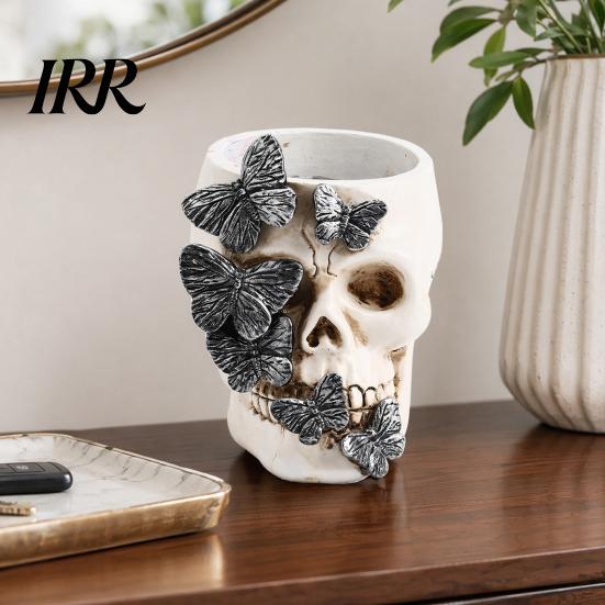 Skull Stationery Holder Gothic Pen Holder, Spooky Butterfly Makeup Brush Festive Organizer Organizer, Halloween Desktop Pencil Cup for Home