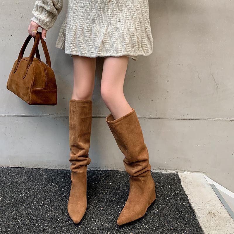 Pointed Wedge Heel Apricot Pile Long Knight Boots Women's Shoes 2025 Spring and Autumn New Thin High Heel High Boots