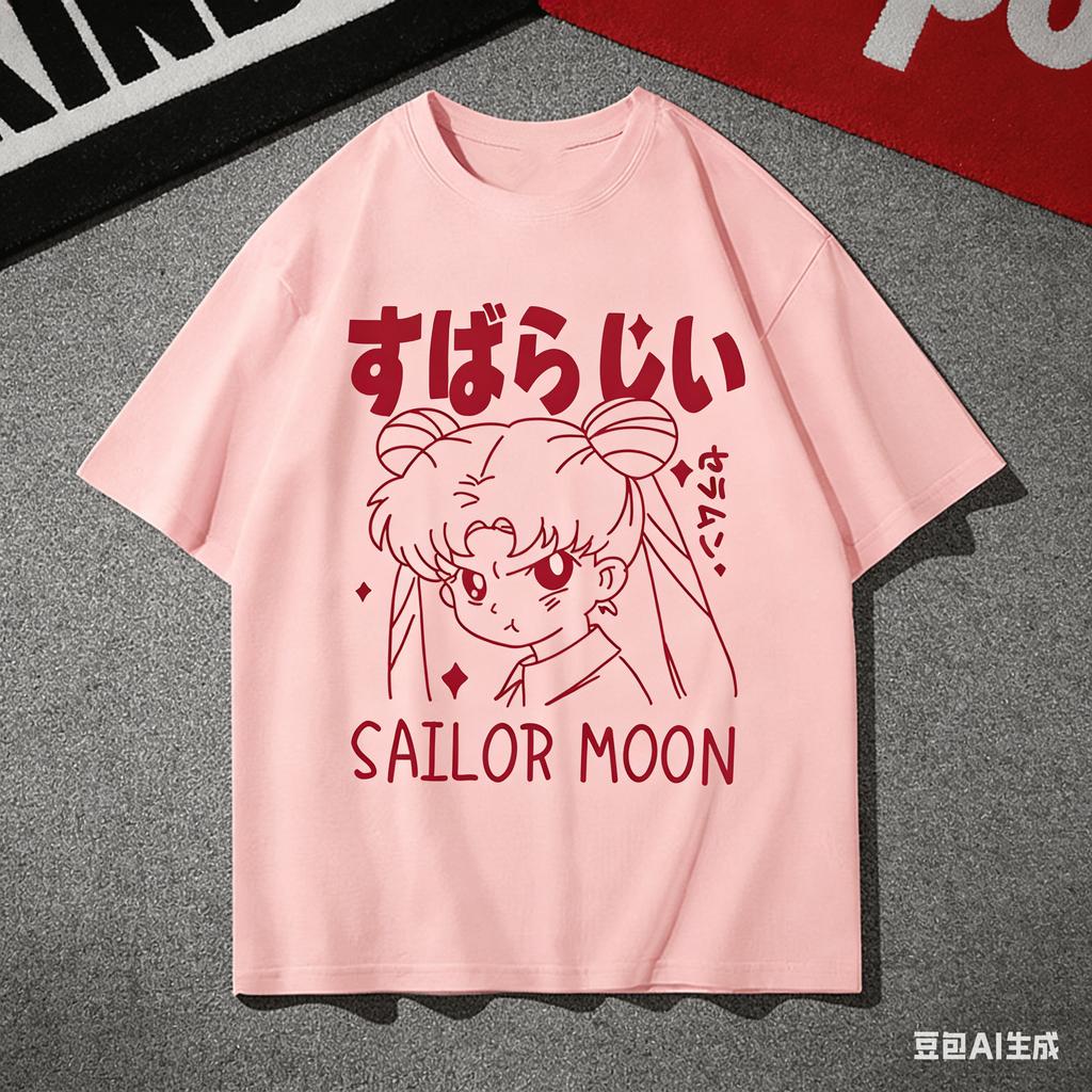 Adult and Childrens Sailor Moon Tsukino Usagi Tsundere Face YK Harajuku Style Pure Cotton Retro Anime Short Sleeve