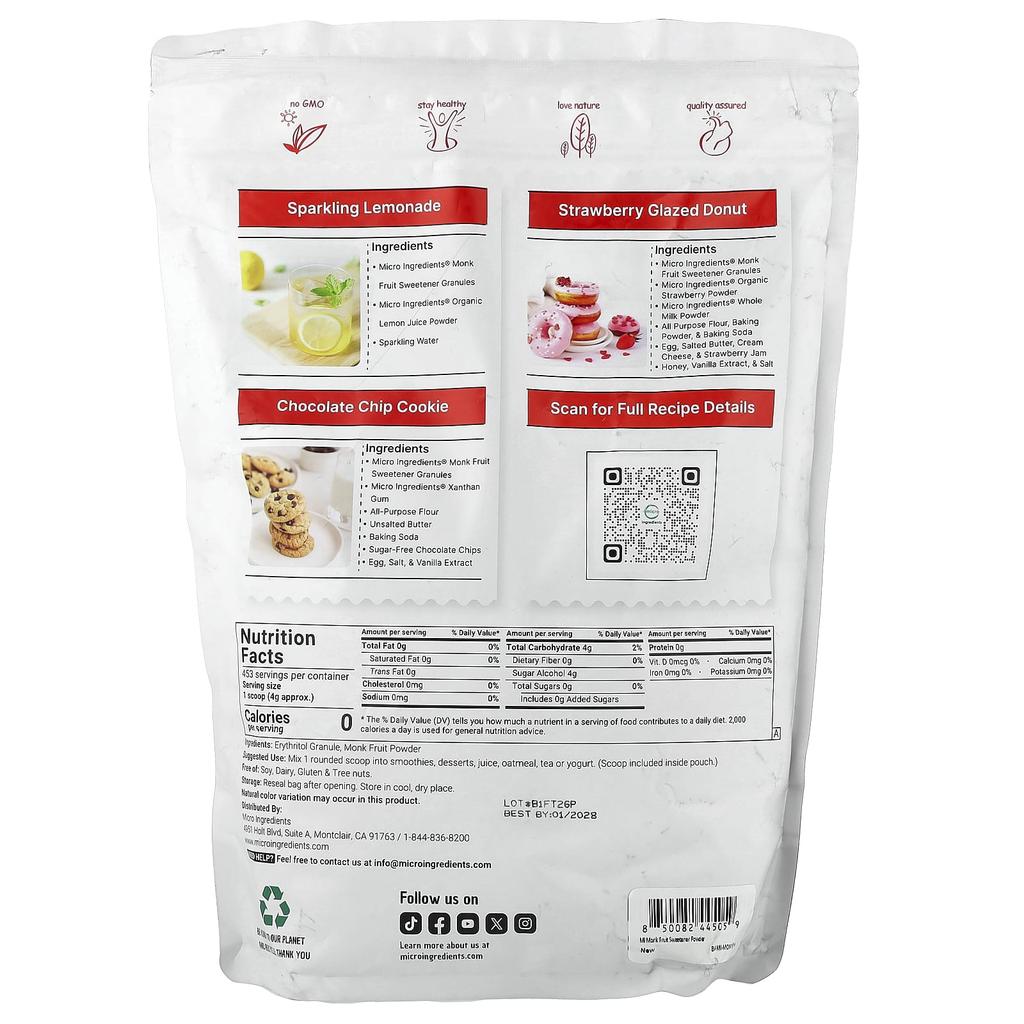 Micro Ingredients, Erythritol-containing Monk Fruit Sweetener, 1,814g (4lb)