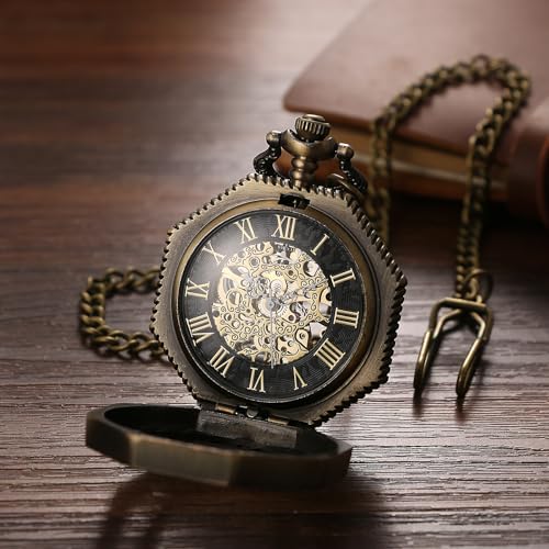 Antique Mechanical Pocket Watch with Hand-Wound Skeleton: Octagonal Roman Analogue Pocket Watch with Retro Pendant and Brown Chain - Perfect Gift for