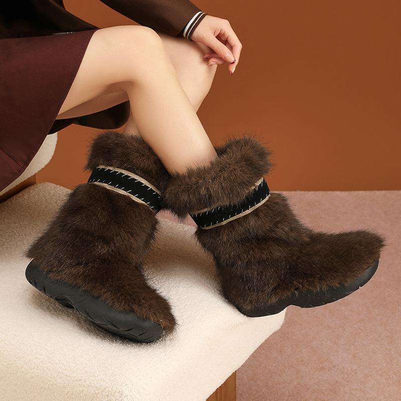 Women's Thick Bottom Fur Upper Fashion Winter Lightweight Warm Anti Cold Snow Boots Non-slip Casual Sneakers Cotton Boots
