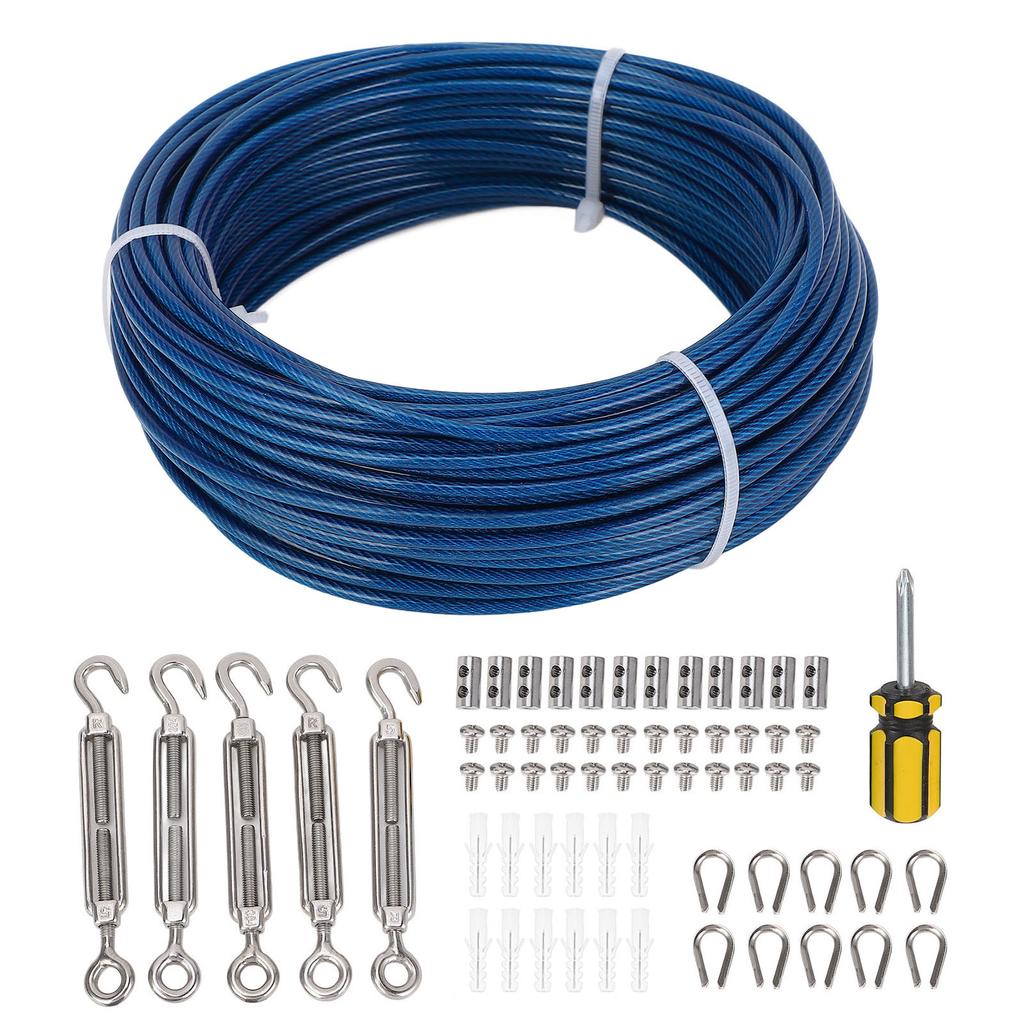 100ft Blue Plastic Coated Steel Wire Rope Turnbuckle Tensioner Kit 3mm Wire Trellis Kit for Outdoor