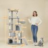 170 Cm Large Cat Tree, Cat Tower with 7 Scratching Posts, Tunnel, 2 Condos, Hammock, Perch, Ramp, Pompoms, Light Grey