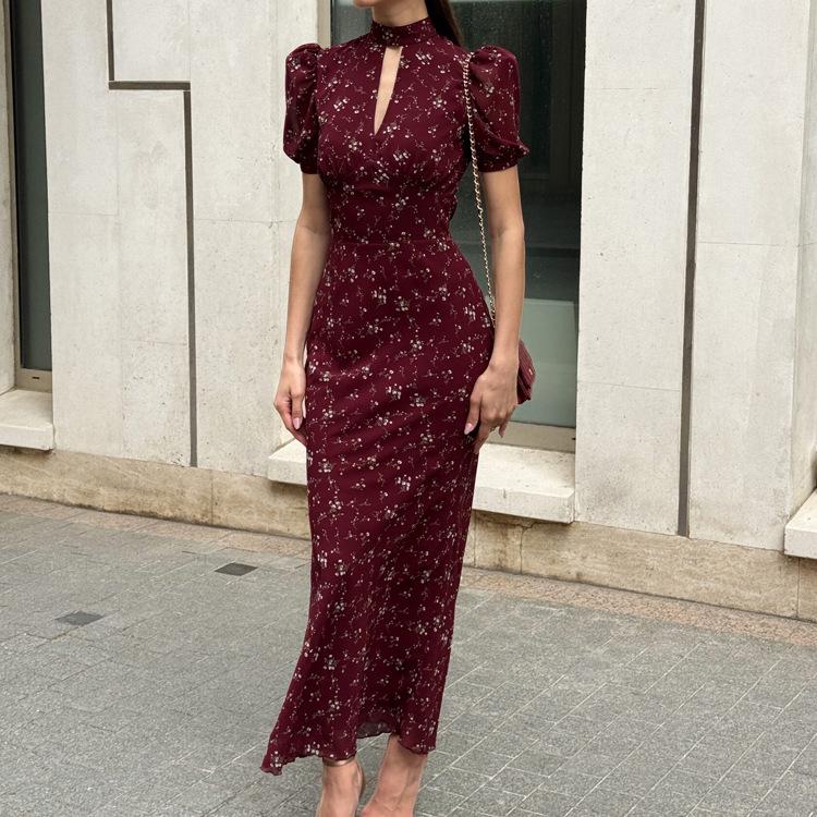 women's Ditsy Floral Print Cutout Stand Collar Puff Short Sleeve High Waist Bodycon Mermaid Maxi Dress Elegant Party Long Dress