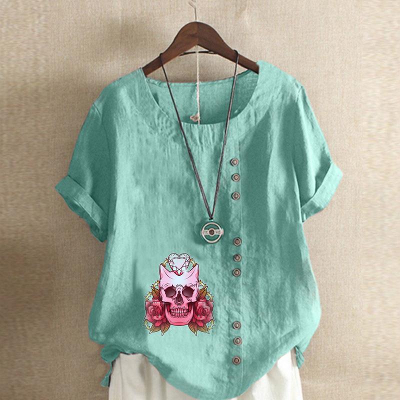 Women's Fashion Round Neck Short Sleeve T-shirt Casual Cotton Linen Graphic Shirt Leisure Loose Flower Prined Summer Blouse Tops