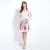 Spring Autumn Women V-neck Print Lace Patchwork Mini Short Chic Beach Holiday Dresses With Belt